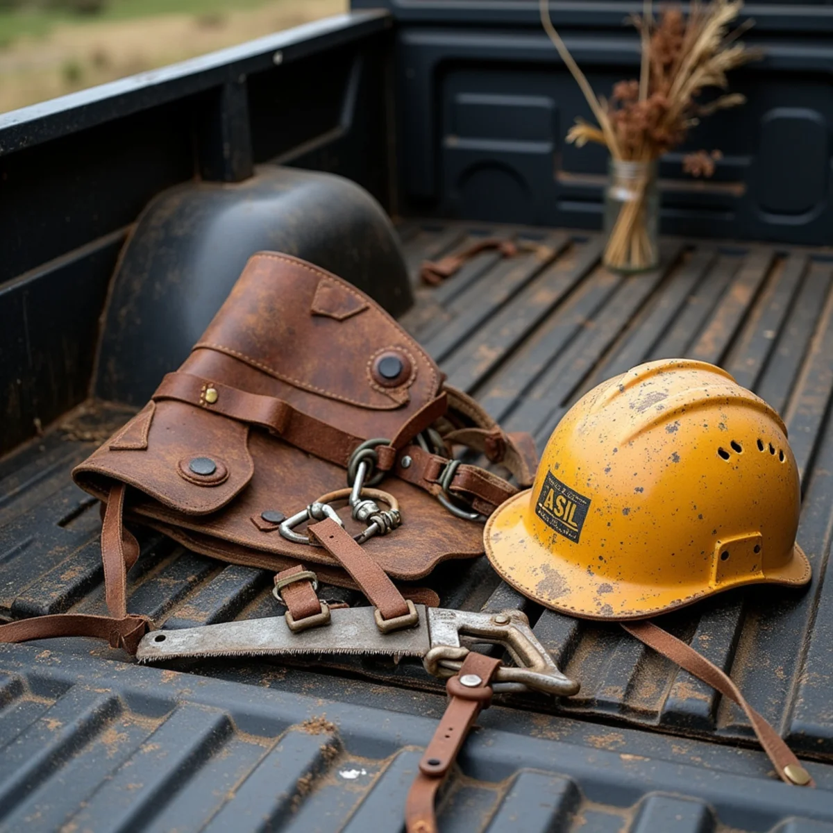 Worn climbing saddle, ropes and rigging hardware laid out on a work truck tailgate
