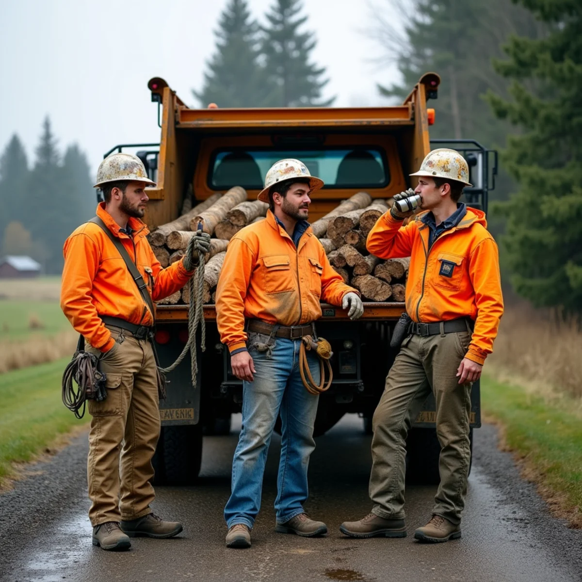 Columbia Tree Professionals crew with chipper and truck at a job site in Cowlitz County, Washington