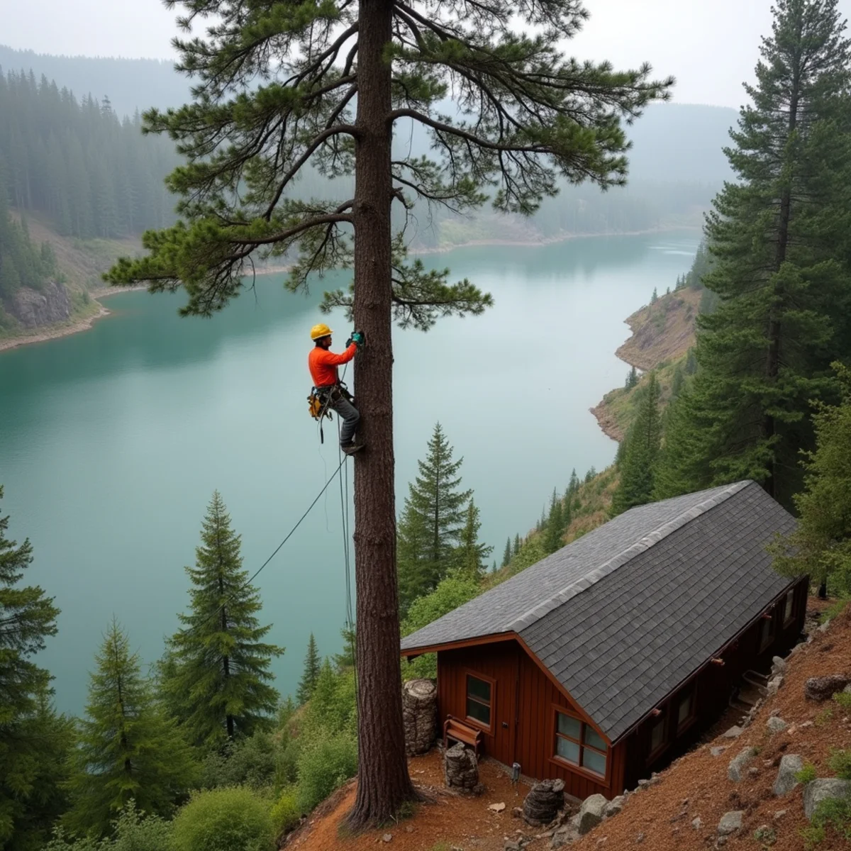 Climber rigging a limb out of a tall Douglas fir on a steep lot above Lake Merwin in Ariel, Washington
