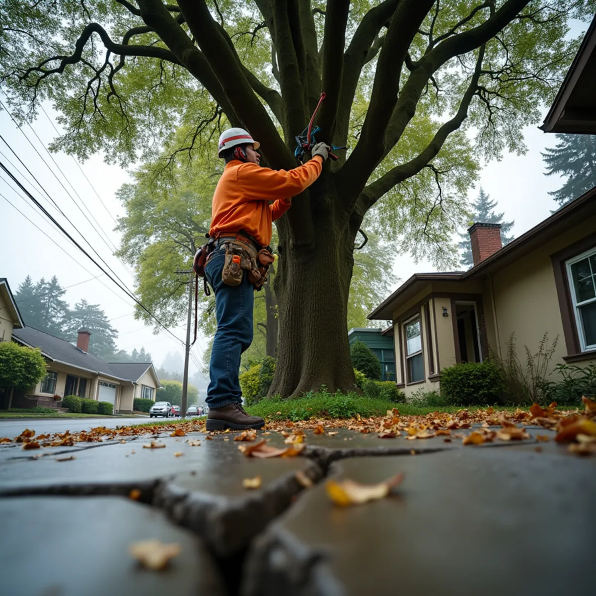 Arborist pruning a mature street maple over a Craftsman bungalow porch in the Arnada neighborhood of Vancouver, Washington