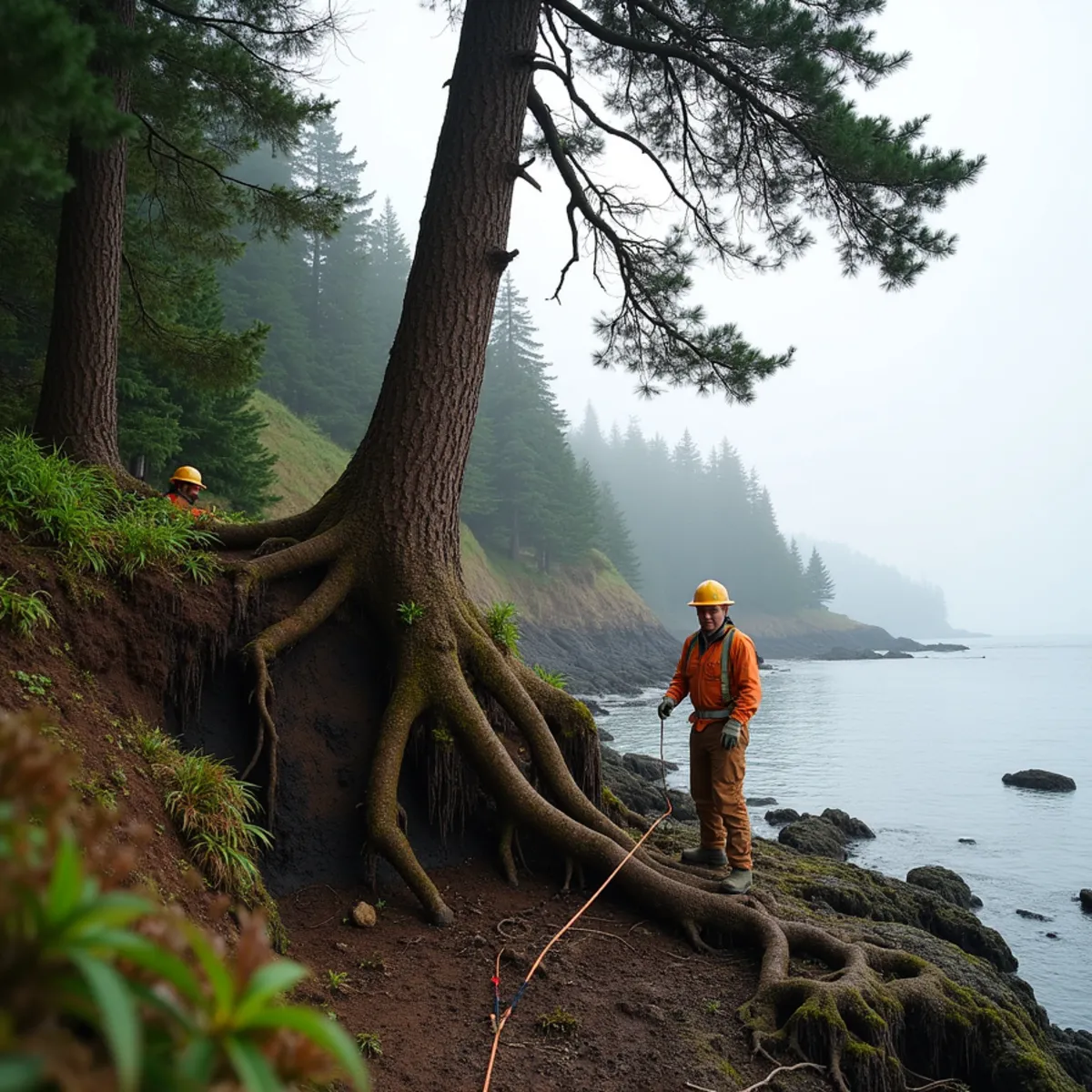 Large Douglas fir being taken down in sections above a marine bluff on Bainbridge Island, Washington