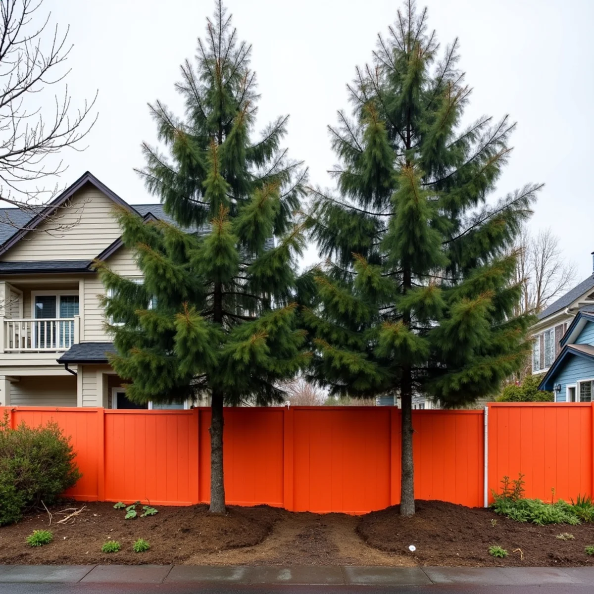 Crane-assisted Douglas fir removal on a rebuilt lot in Bellevue, Washington
