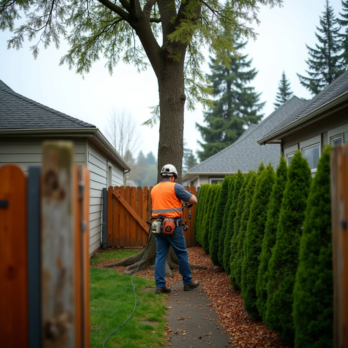 Climber lowering limbs off a fence-line tree between two back yards in the Bennington neighborhood of east Vancouver, Washington