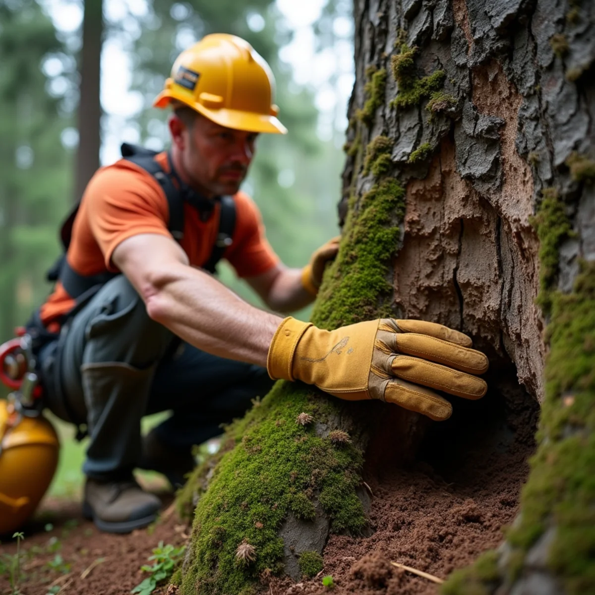 Arborist examining the root collar of a large Douglas fir on a Cowlitz County property