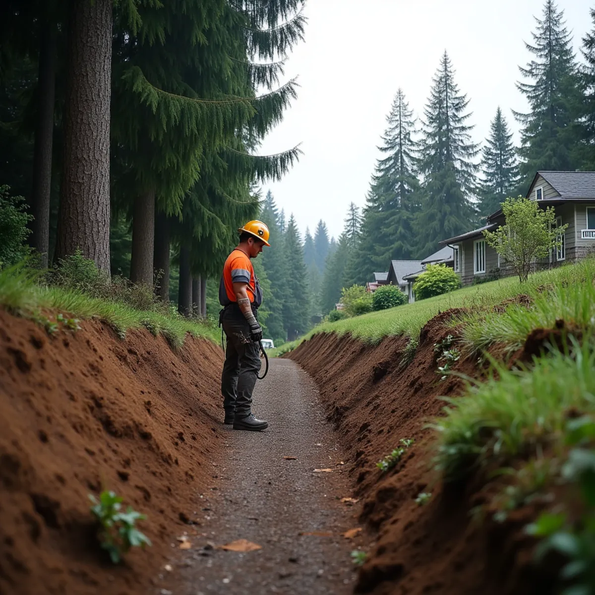 Douglas fir buffer strip being removed along a subdivision property line in Bothell, Washington