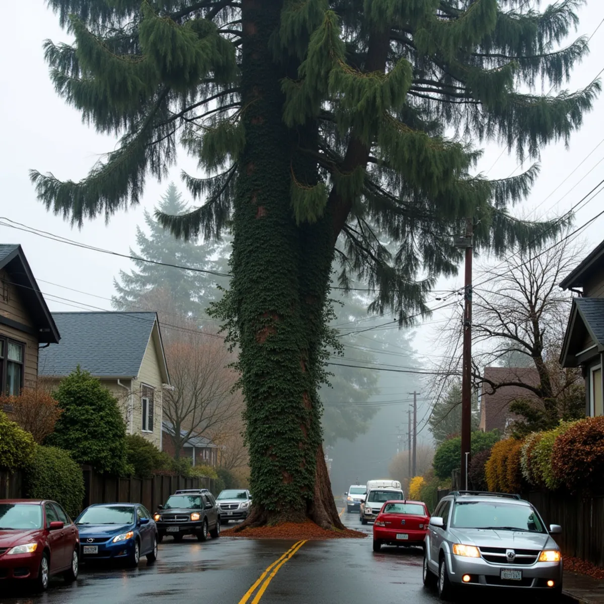 Tall Douglas fir crowded between small older homes on a narrow street in Bremerton, Washington
