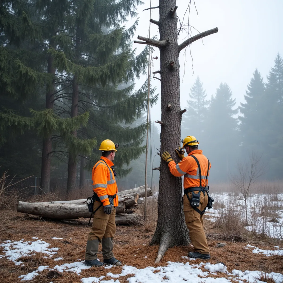 Western hemlock with a snow-broken top standing at the edge of harvested timber near Buckley, Washington