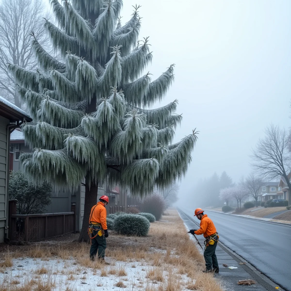 Ice-loaded evergreen canopy on a Prune Hill property in Camas, Washington after a silver thaw event