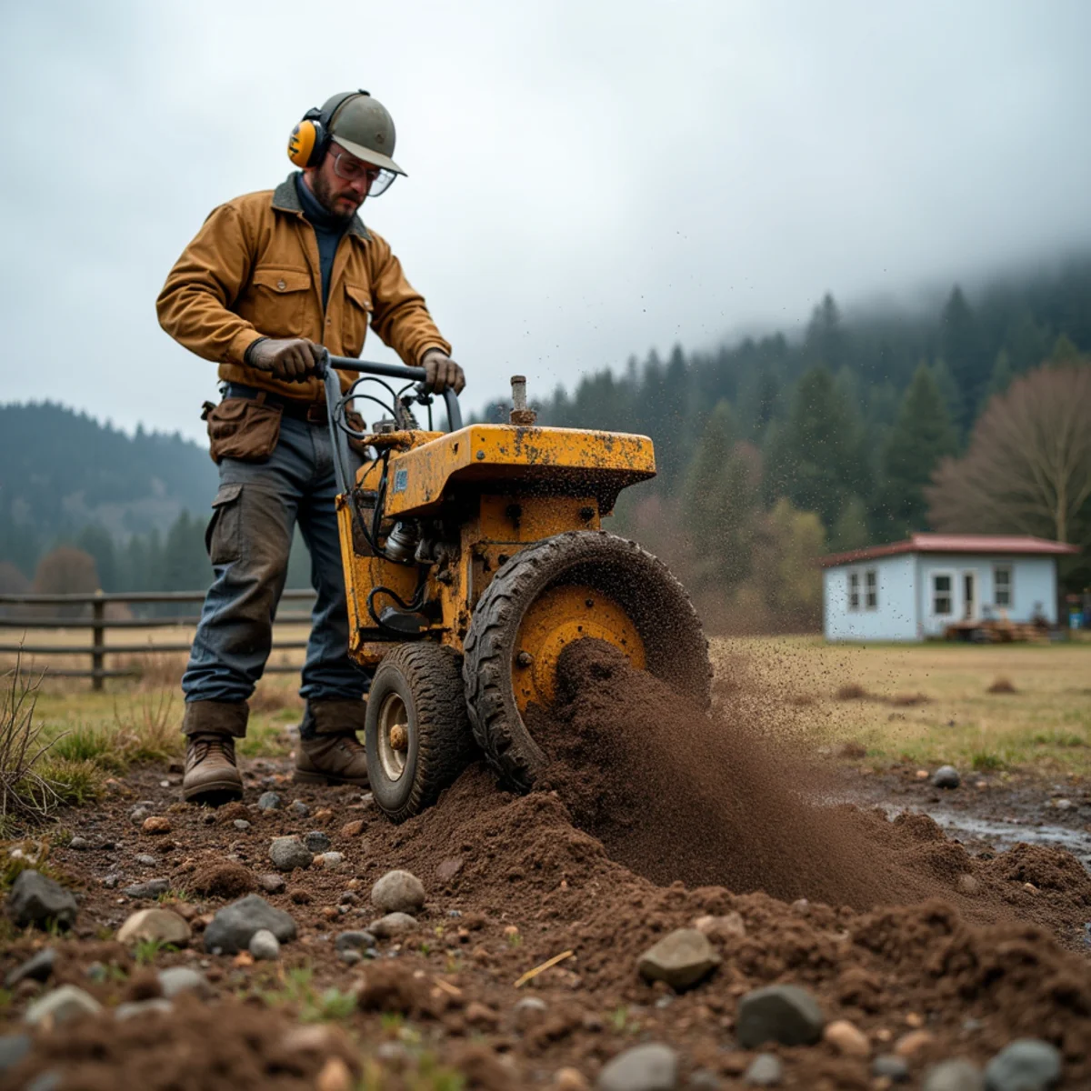 Stump grinder working in rocky ash and lahar soil on an acreage property outside Castle Rock, Washington