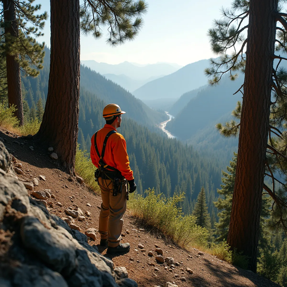 Open ponderosa pine on a decomposed granite slope above an orchard valley in Chelan County, Washington