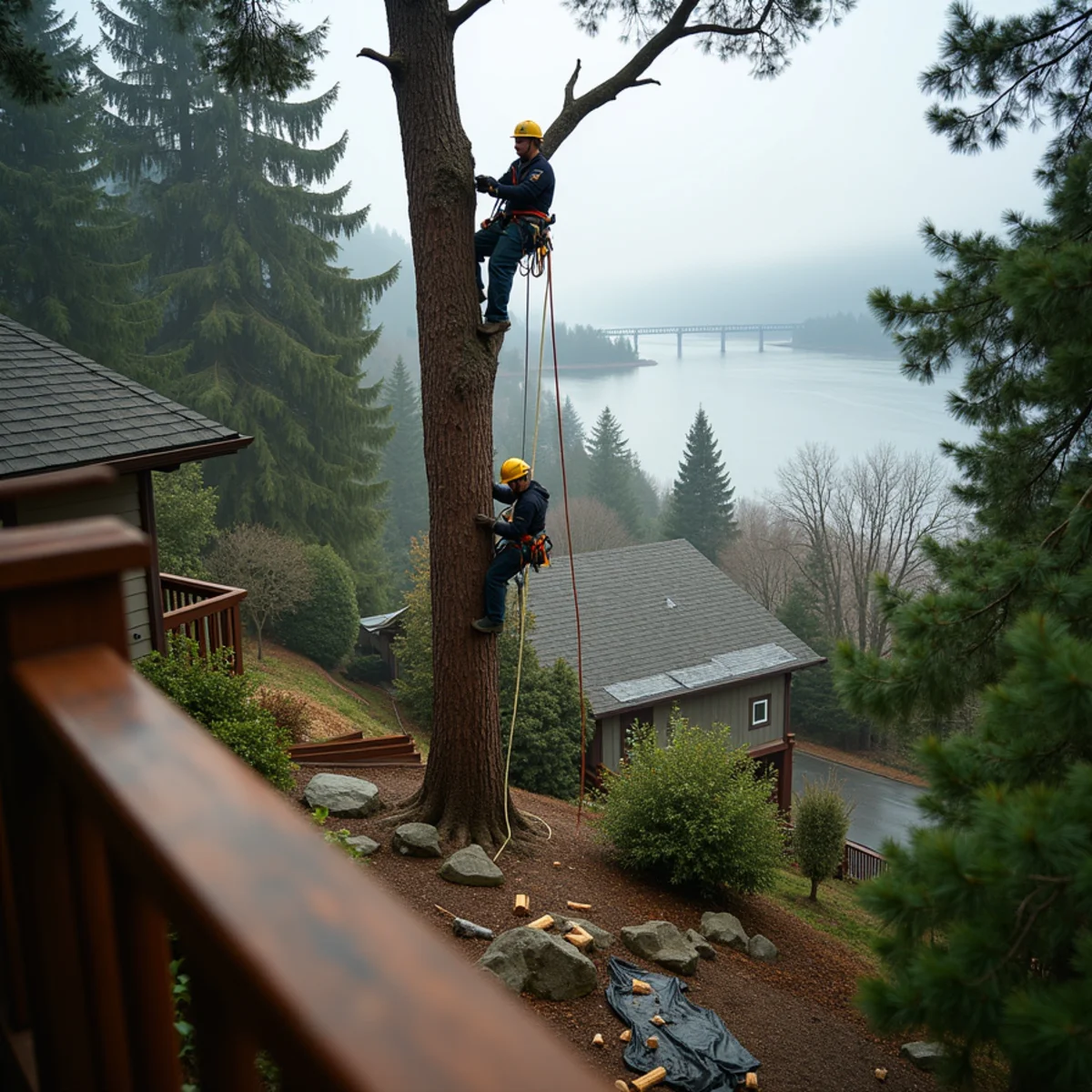 Climber reducing a Douglas fir below a hillside deck in Columbia Heights, Longview, with the Columbia River behind