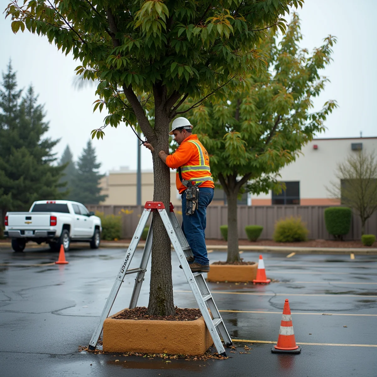 Arborist pruning parking lot trees for vehicle clearance at a commercial property