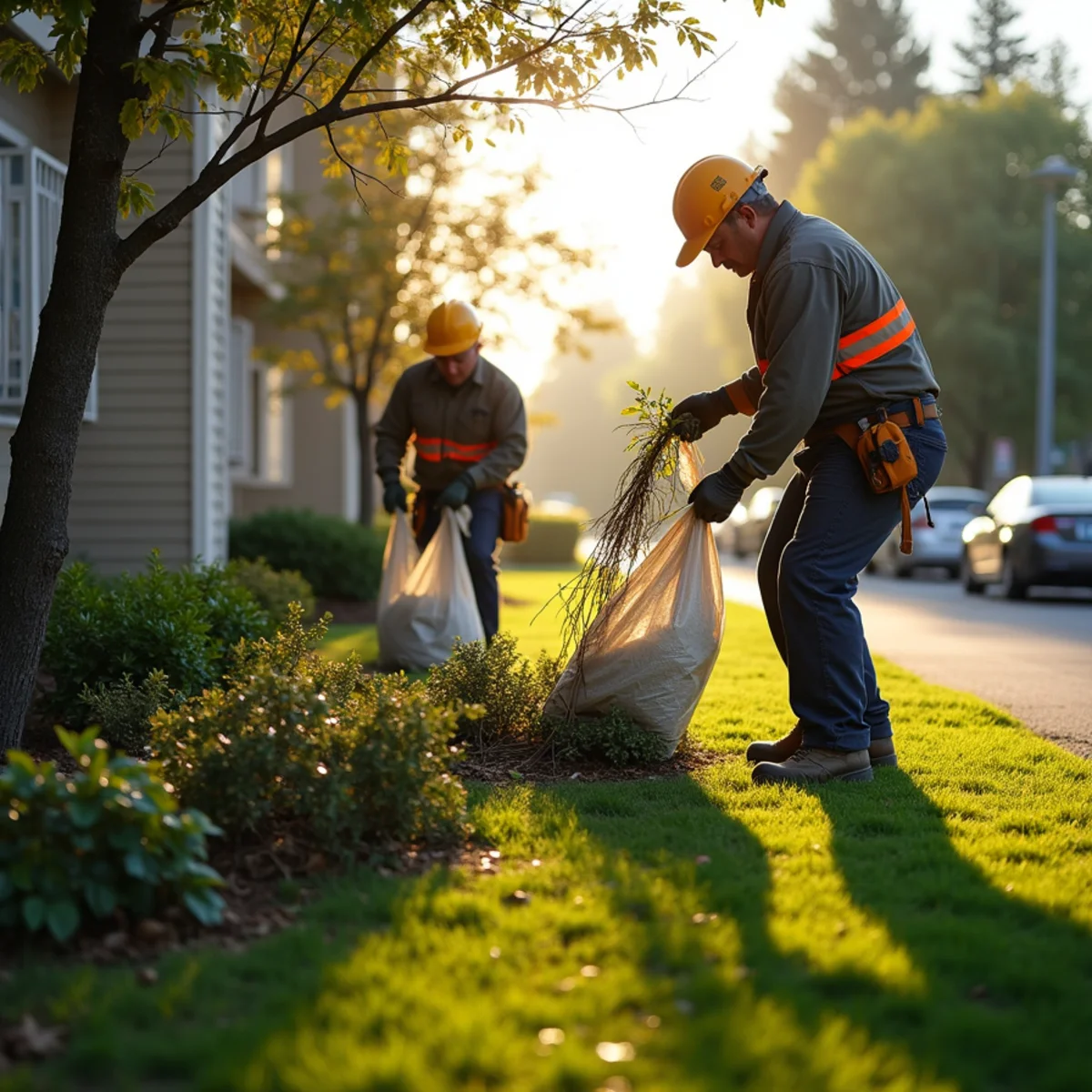 Tree crew working the grounds of an apartment complex early in the morning
