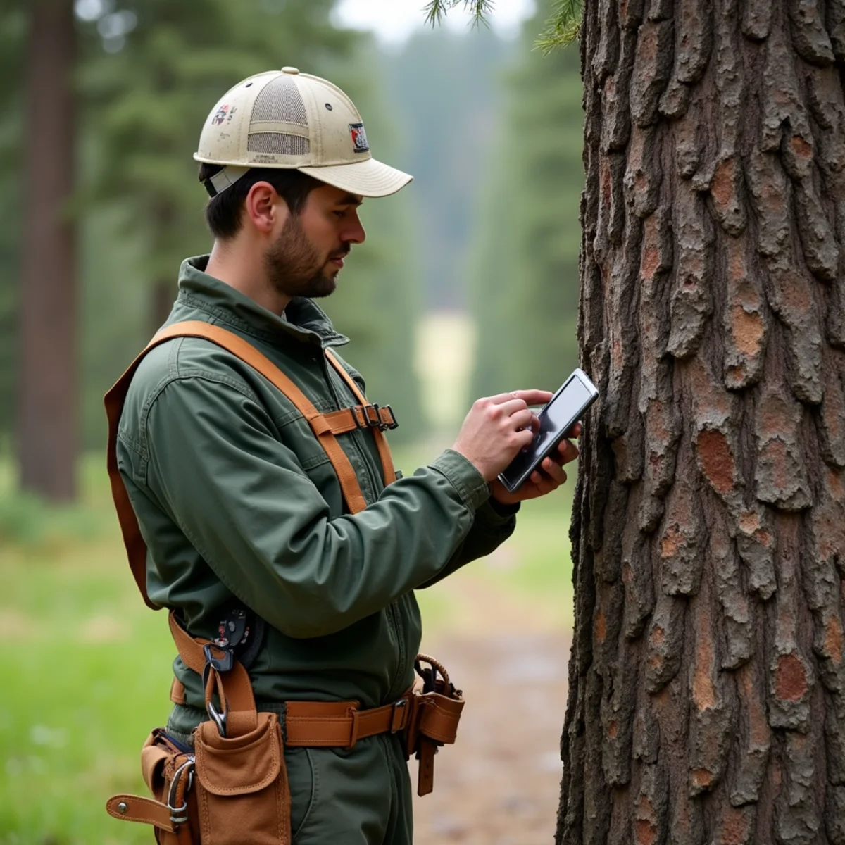 Arborist recording a numbered tree inventory with condition ratings on a large property