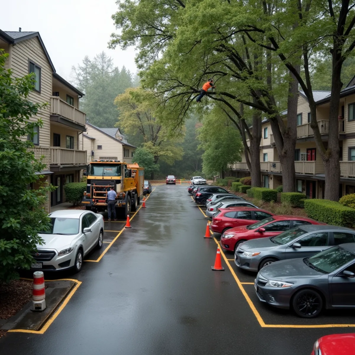Tree crew pruning canopy over a parking lot at an apartment property in Longview, Cowlitz County, Southwest Washington