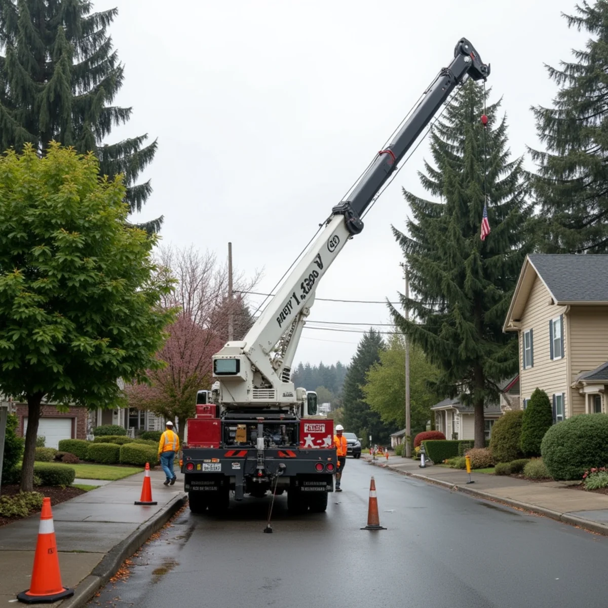 Crane set up with outriggers on a residential street for a backyard tree removal