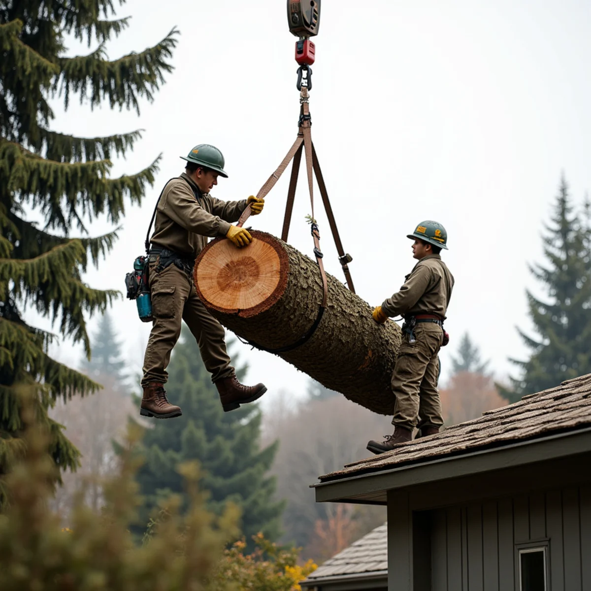 Crane lifting a cut section of Douglas fir up and out over a house in Kelso