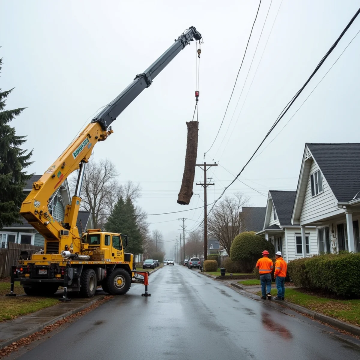 Crane lifting a cut section of a large cottonwood over a rooftop during a tree removal in Longview, Cowlitz County, Washington