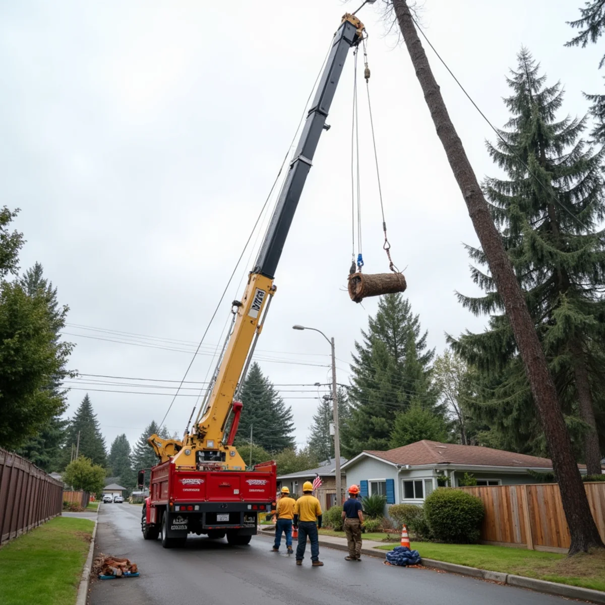 Crane lifting a section of Douglas fir out of a fenced backyard beside a house in Longview, Southwest Washington