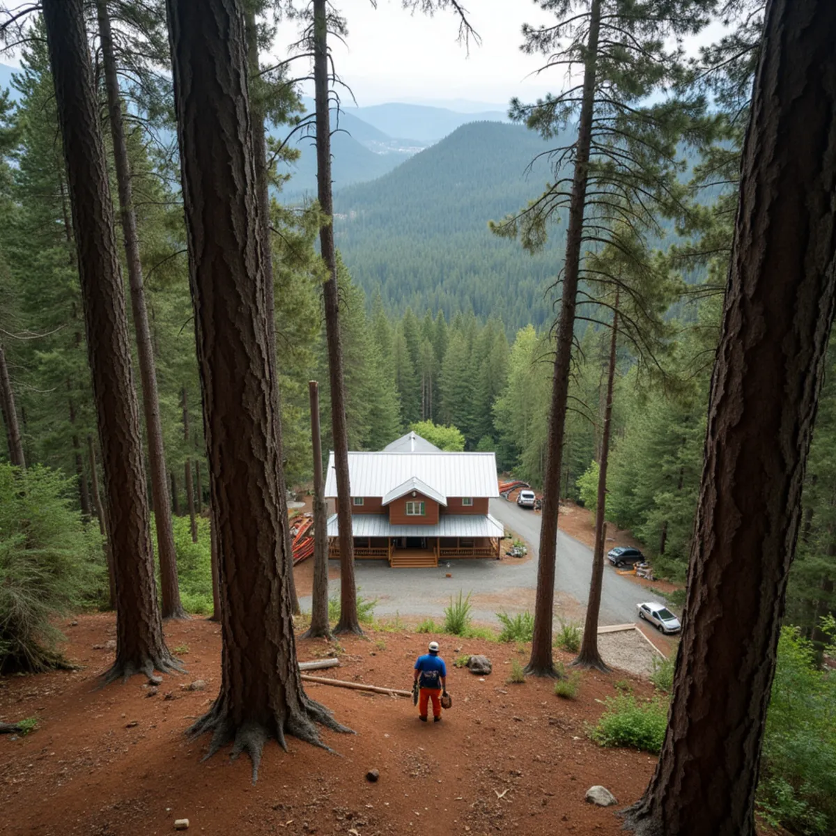 Thinned second-growth Douglas fir with limbed-up trunks on a slope above a rural home near Yacolt in east Clark County, Washington
