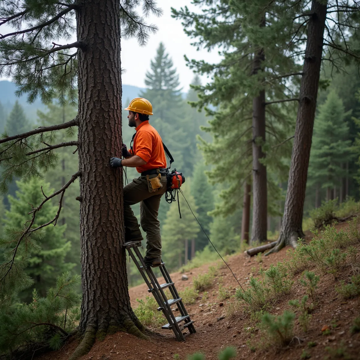 Arborist limbing up lower branches to break the ladder fuel path in a dense fir stand