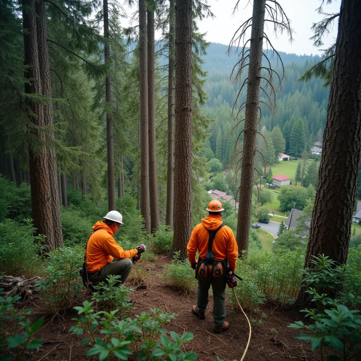 Crew thinning an overcrowded doghair stand of young Douglas fir above a rural home