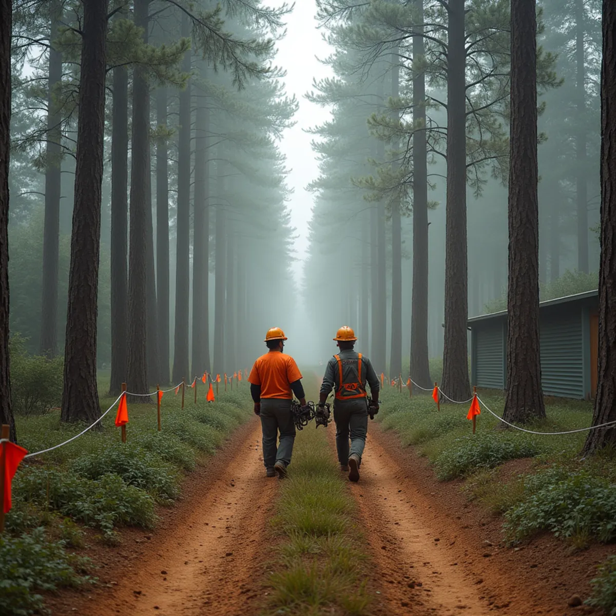 Crew thinning ladder fuels and limbing conifers for defensible space on rural acreage near Yacolt in Clark County, Washington