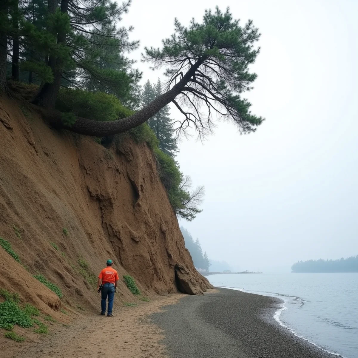 Leaning Douglas fir being removed near a Puget Sound bluff edge above Des Moines, Washington