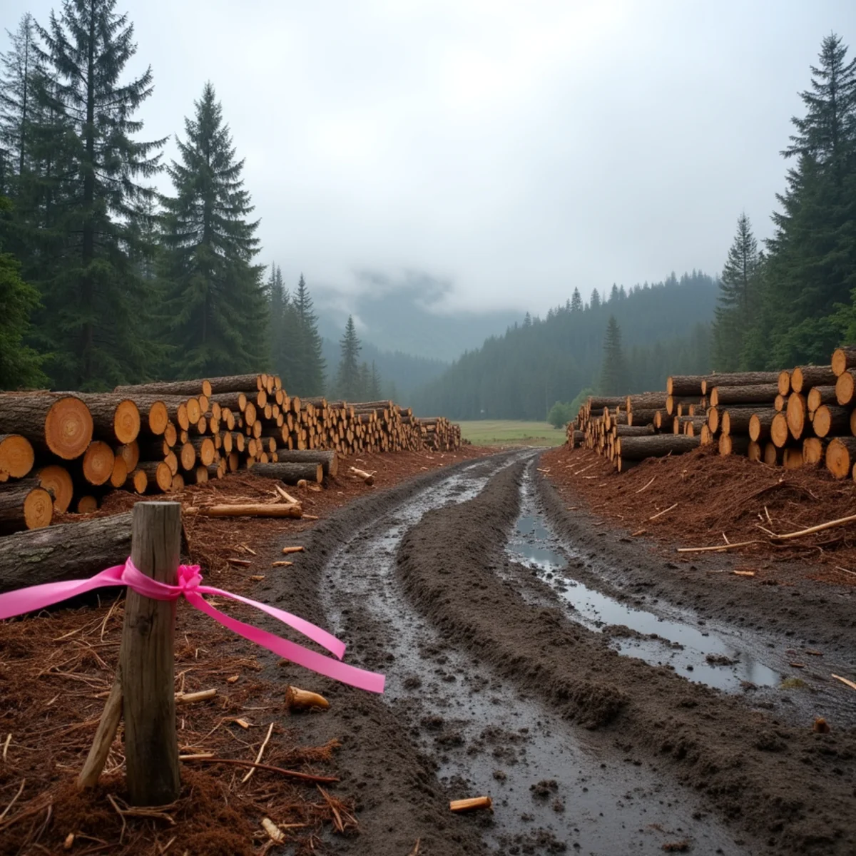 Partially cleared wooded acreage with stacked Douglas fir and cedar logs on a rural parcel in Cowlitz County, Southwest Washington
