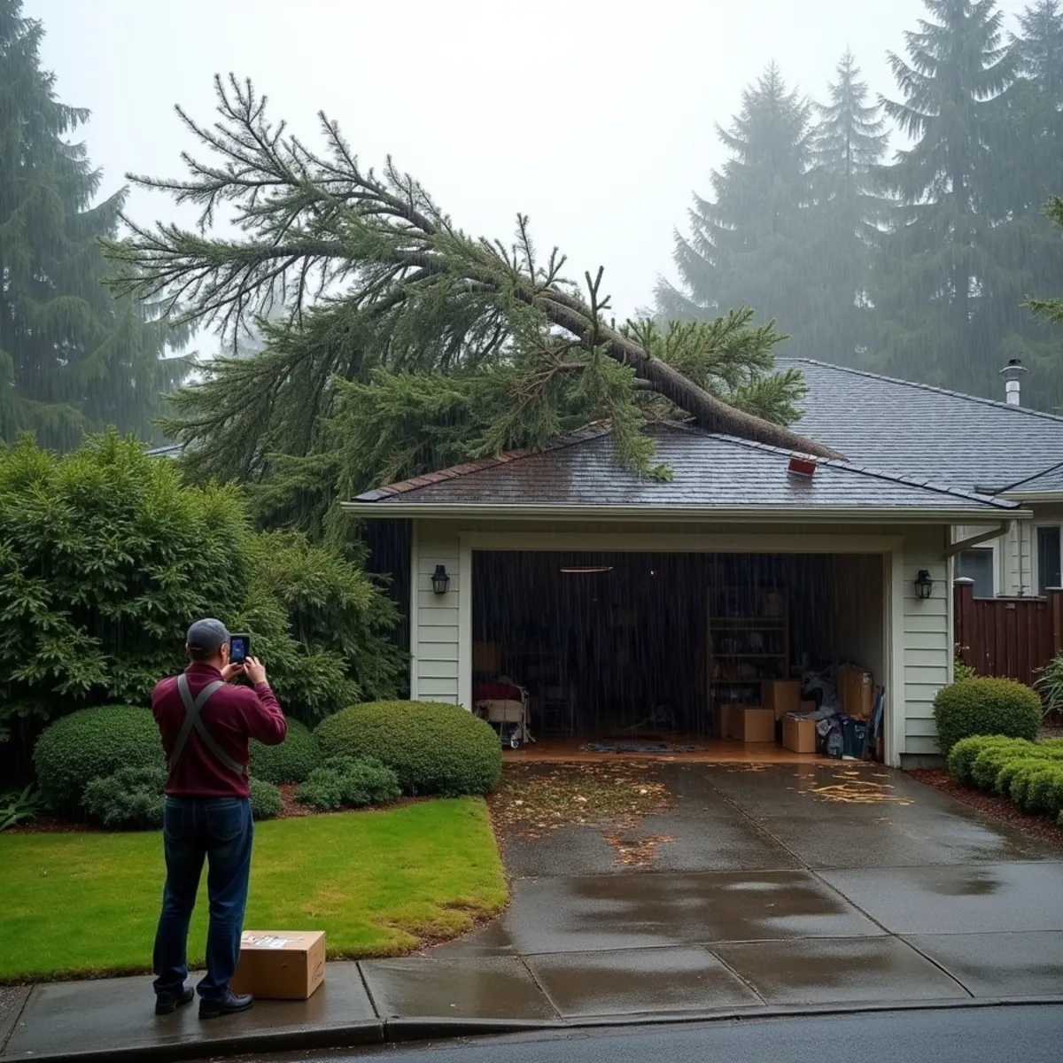 Storm-felled Douglas fir across a detached garage roof in Southwest Washington being photographed for a homeowners insurance claim