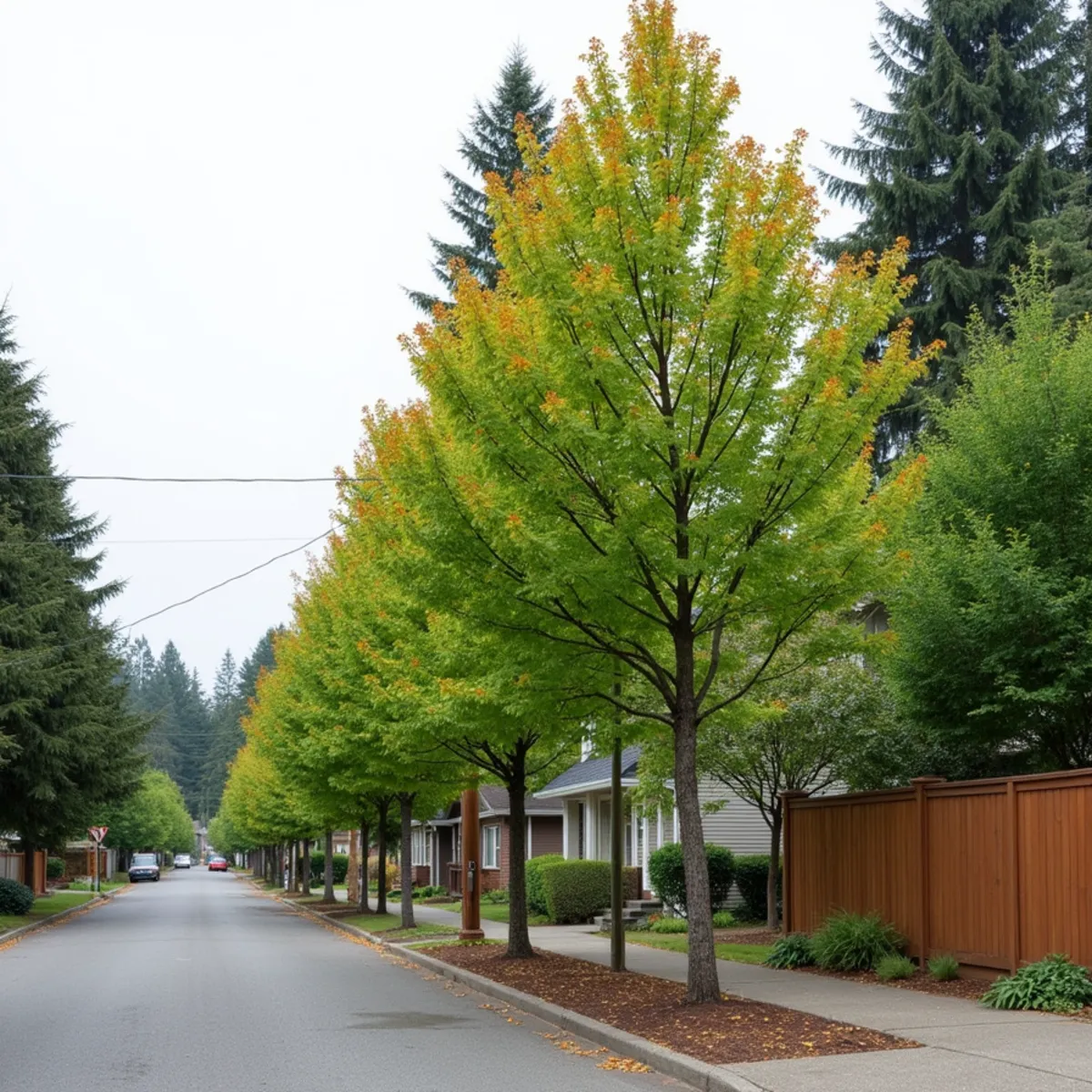 Street trees of the same age along a Northwest Landing block in DuPont, Washington, with prairie and fir buffer behind