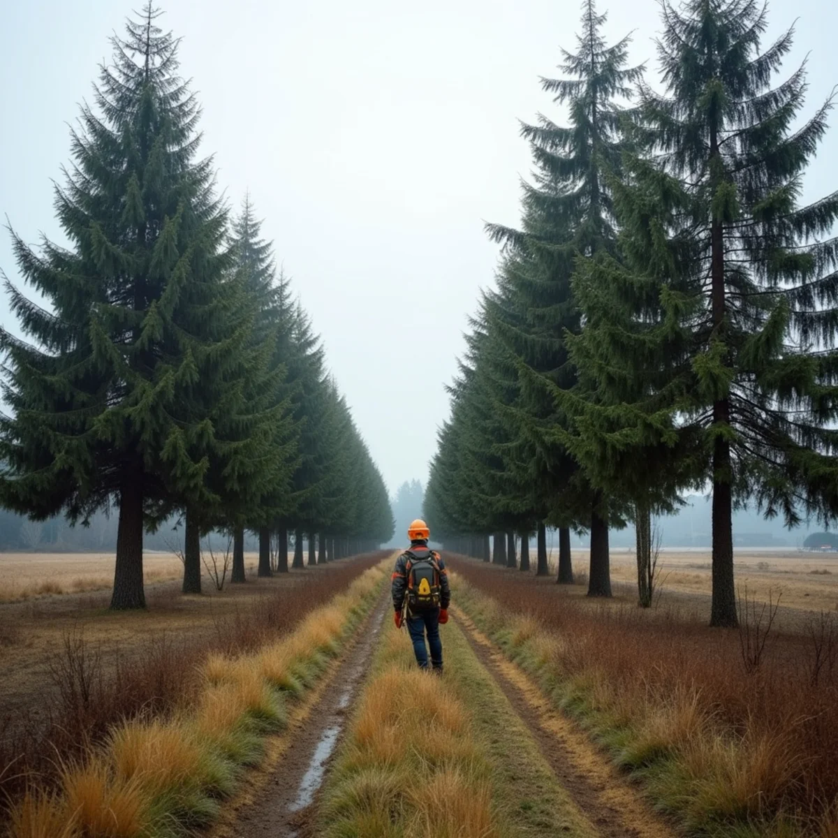 Row of old shelterbelt Douglas firs along a former field line on an Edgewood, Washington acreage
