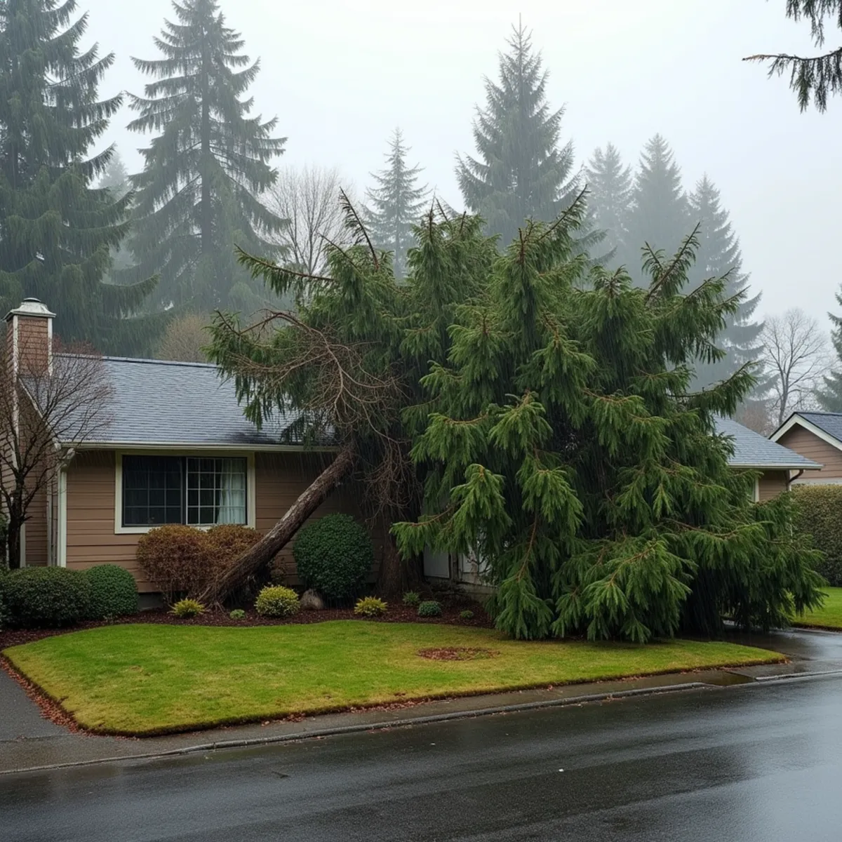 Storm-thrown Douglas fir resting across a house roofline after a Columbia valley windstorm