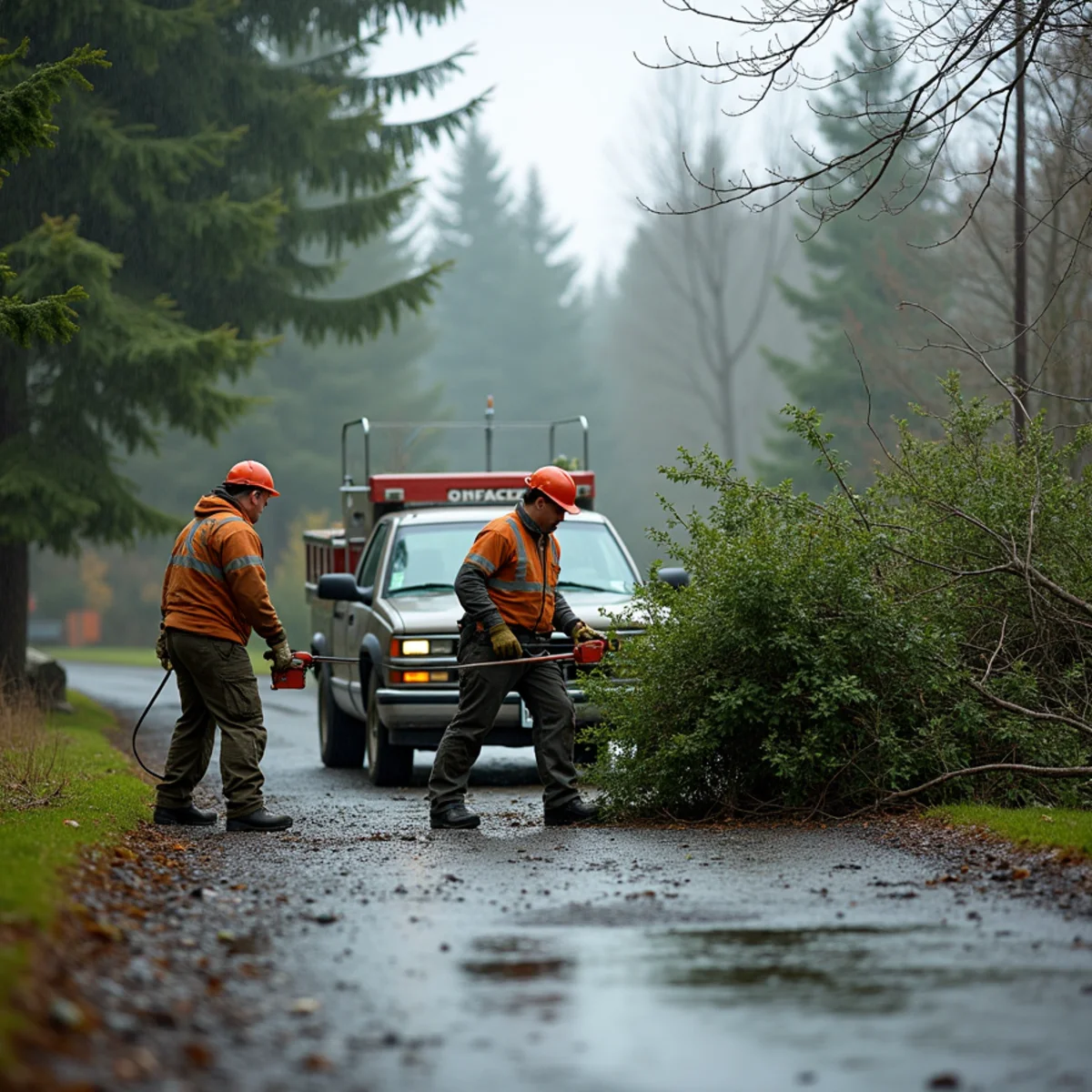 Crew cutting a wind-thrown tree clear of a blocked rural driveway in Cowlitz County
