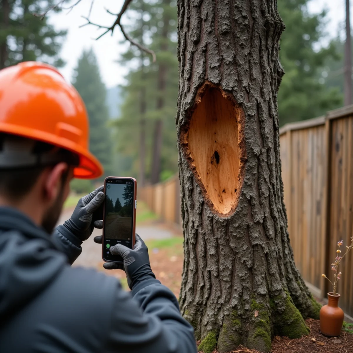 Arborist photographing a failed tree trunk for an insurance claim before cutting