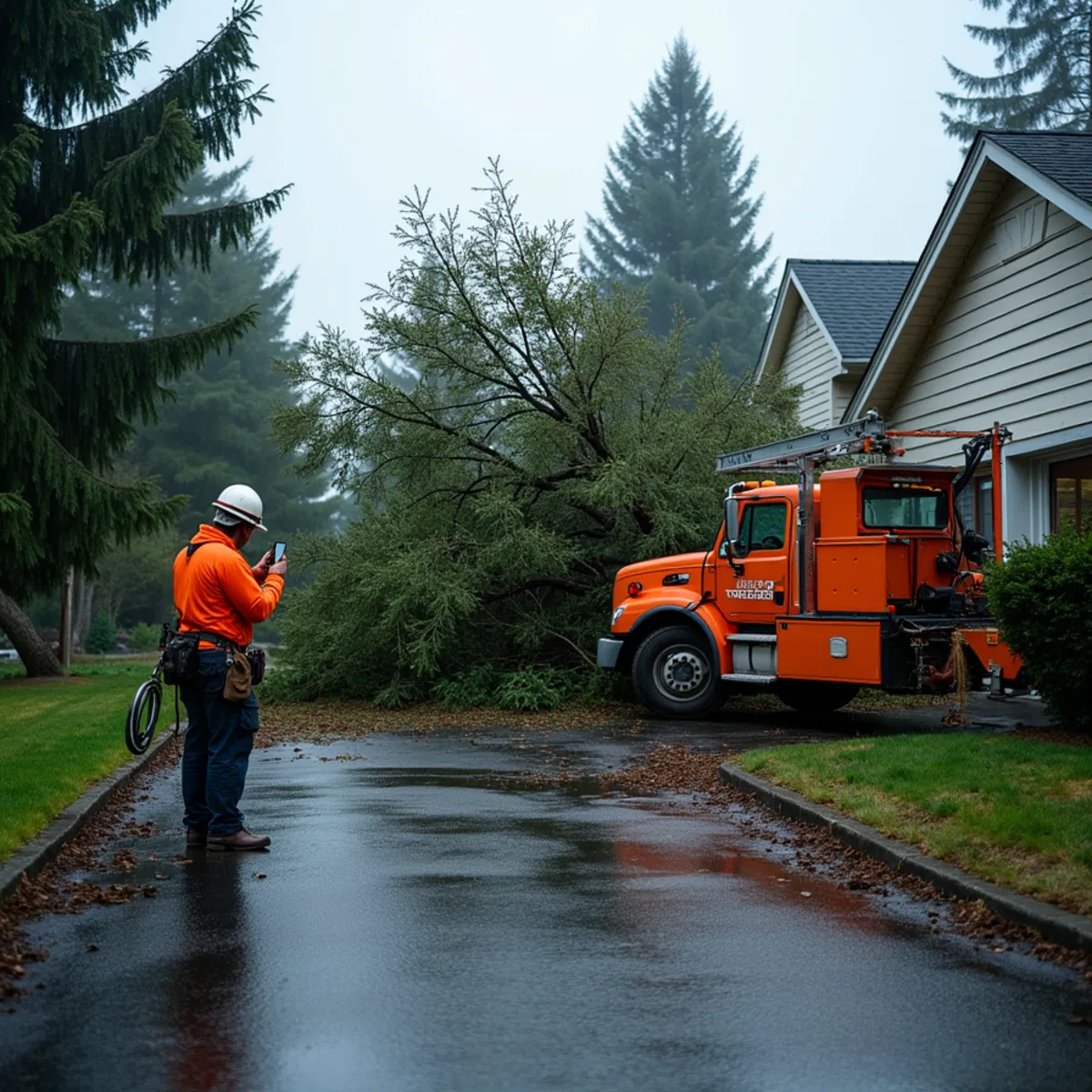 Crew removing a storm-fallen Douglas fir from a house roof after a windstorm in Kelso, Cowlitz County, Southwest Washington