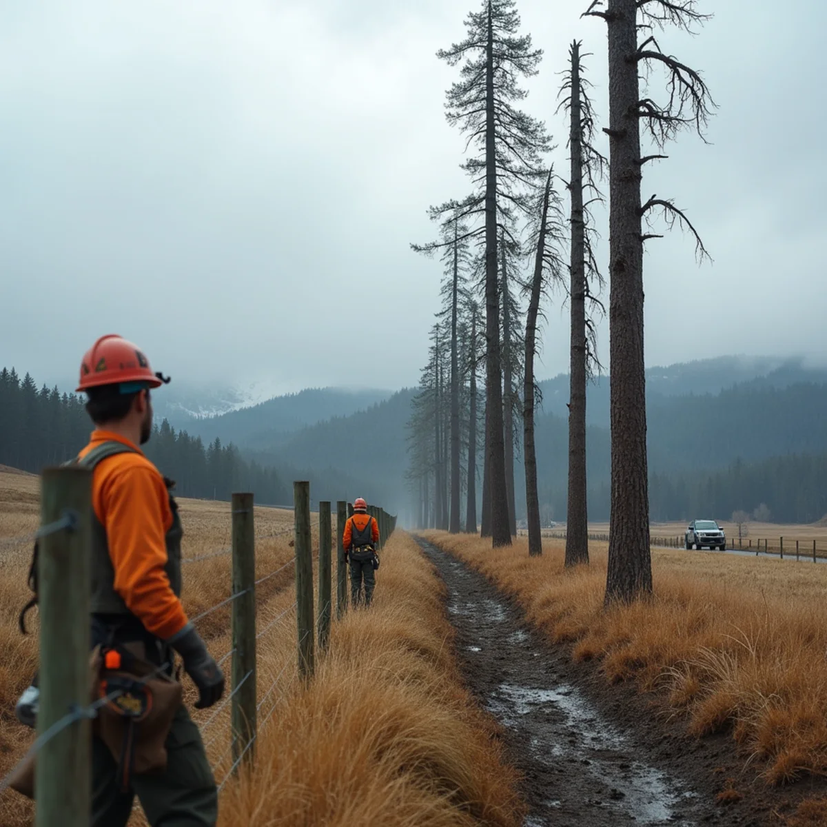 Row of tall poplars along a pasture fence line on the Enumclaw plateau, Washington