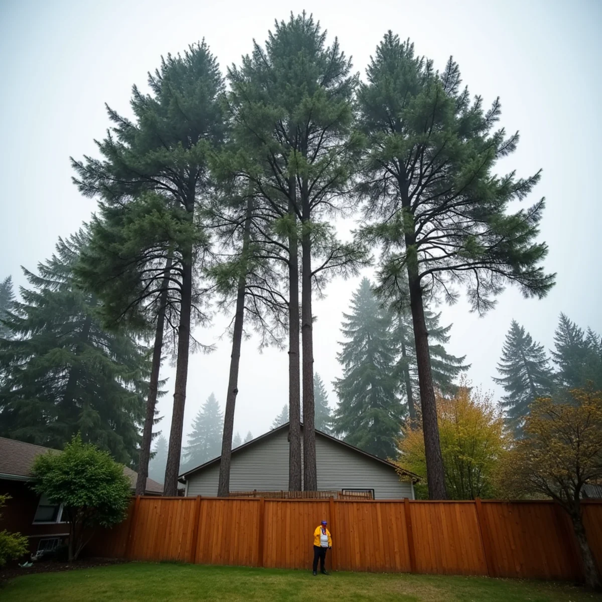 Tall second-growth Douglas firs standing behind a subdivision fence line in Federal Way, Washington