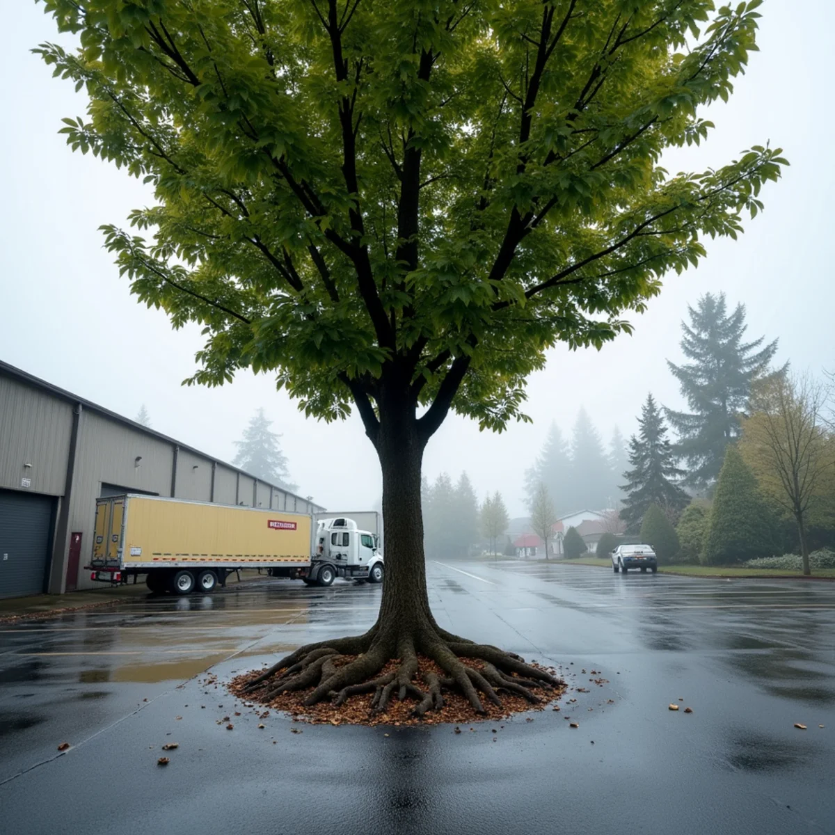 Maple lifting asphalt out of a parking lot island beside a truck yard in Fife, Washington