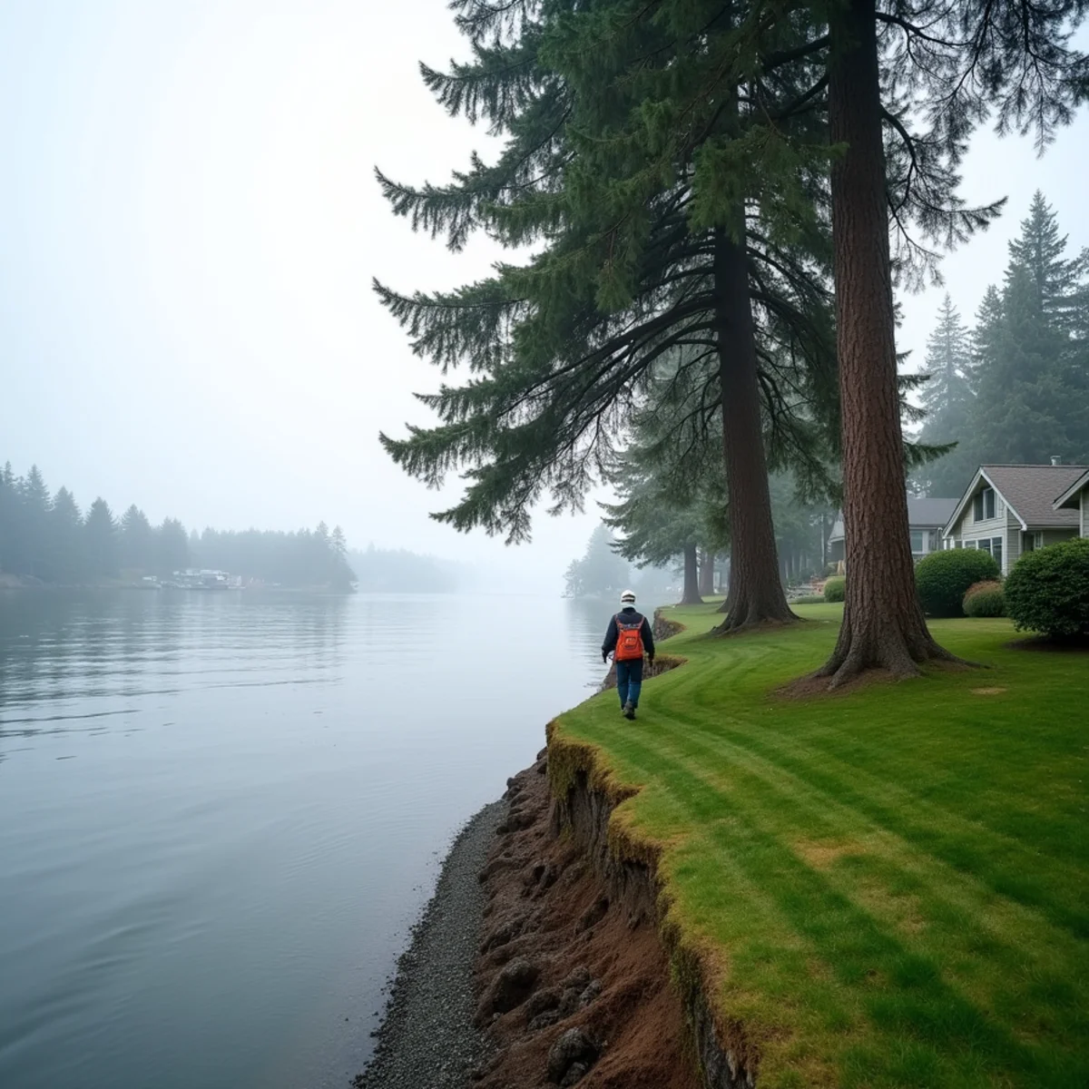 Douglas firs leaning out over a saltwater bank on a Gig Harbor, Washington waterfront property