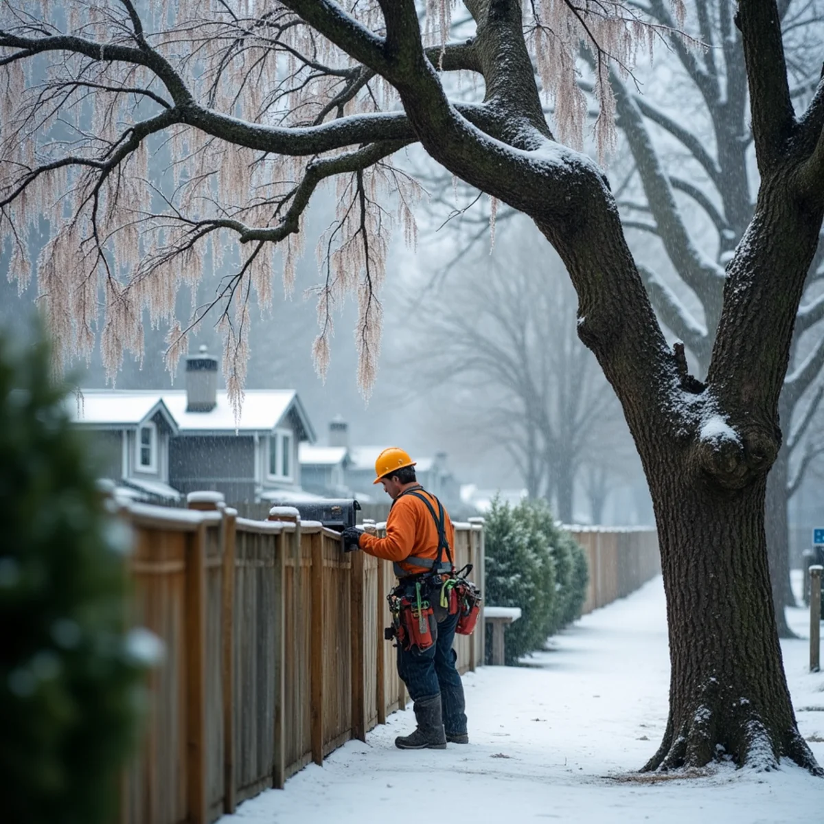 Ice-coated arborvitae screen and a split bigleaf maple limb after a freezing rain event near Camas, Washington