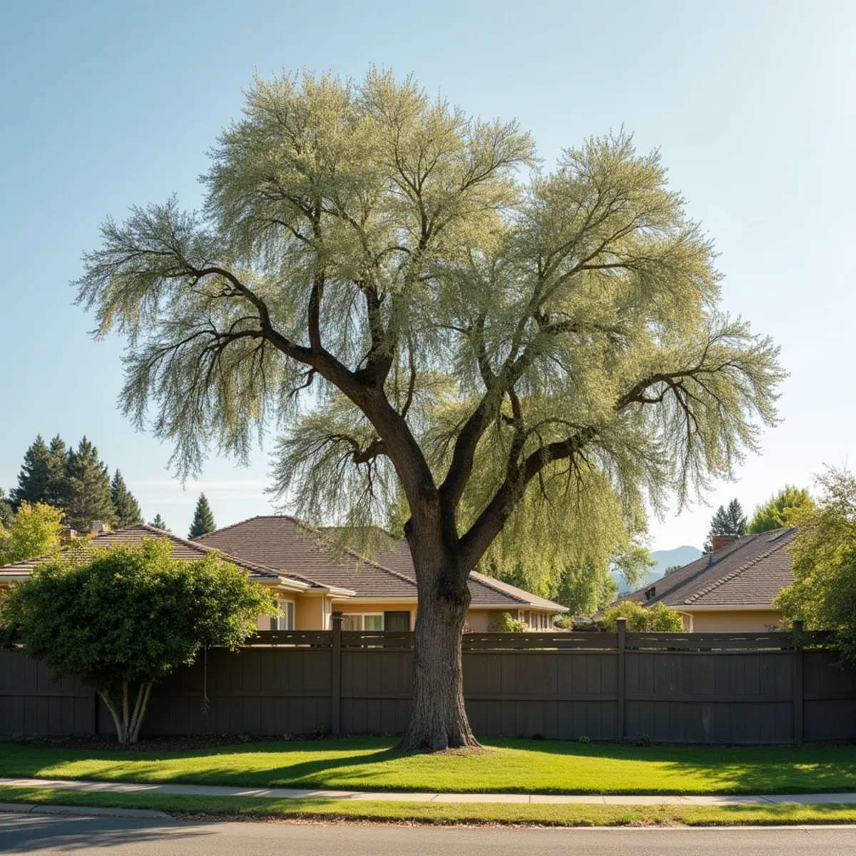 Over-mature silver maple beside an irrigated lawn above the basalt coulee wall in Grand Coulee, Washington