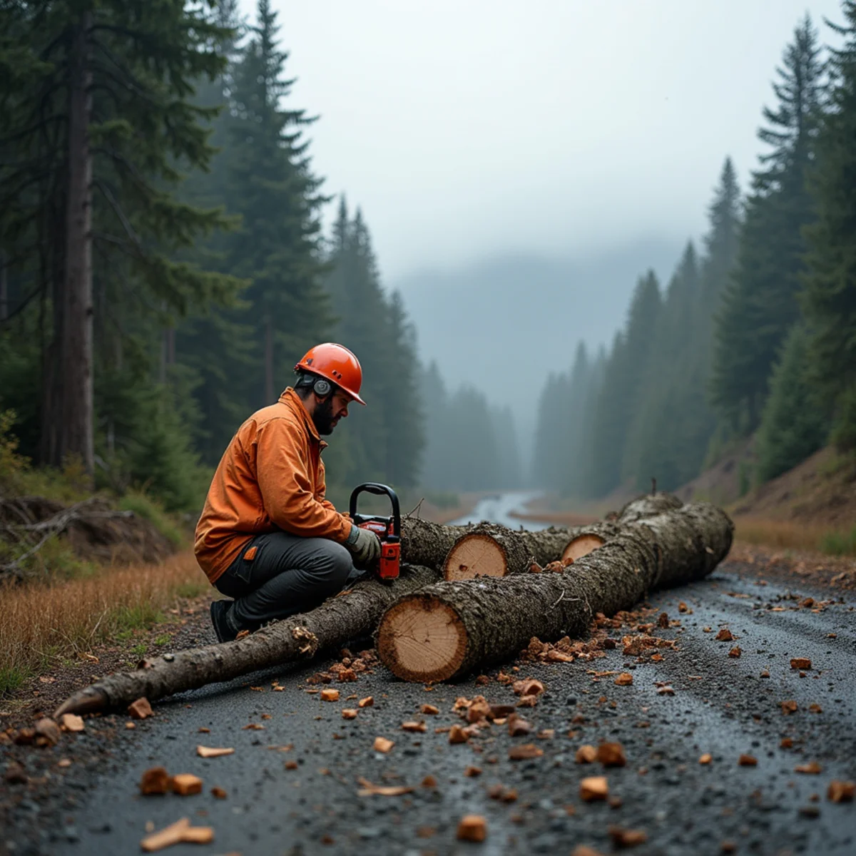 Windthrown conifers being cleared off a gravel spur road in the Green River valley north of Mount St. Helens, Cowlitz County, Washington
