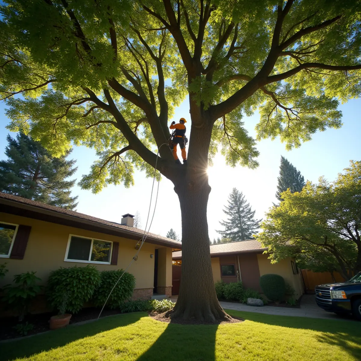 Climber reducing end weight on a long horizontal maple limb over a mid-century house in the Harney Heights neighborhood of Vancouver, Washington