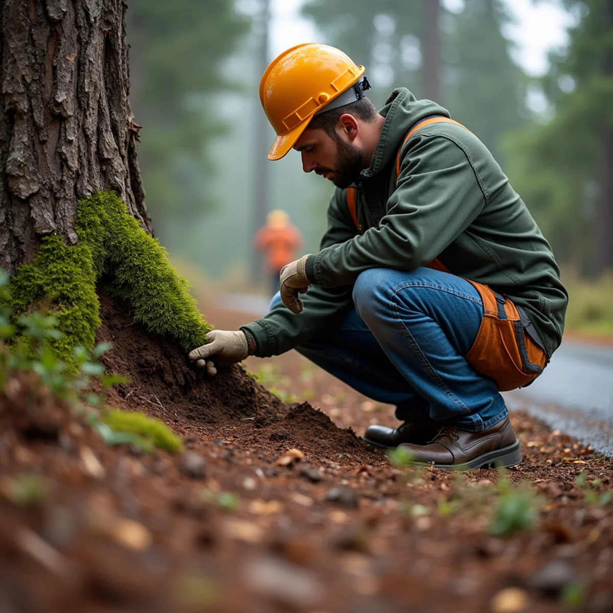Arborist examining the root collar of a leaning Douglas fir for decay in Cowlitz County