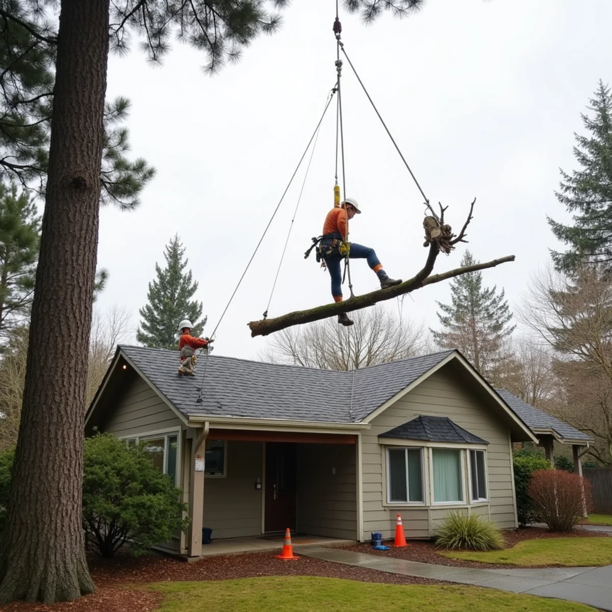 Climber lowering a rigged limb over a house roofline on a tight Kelso lot