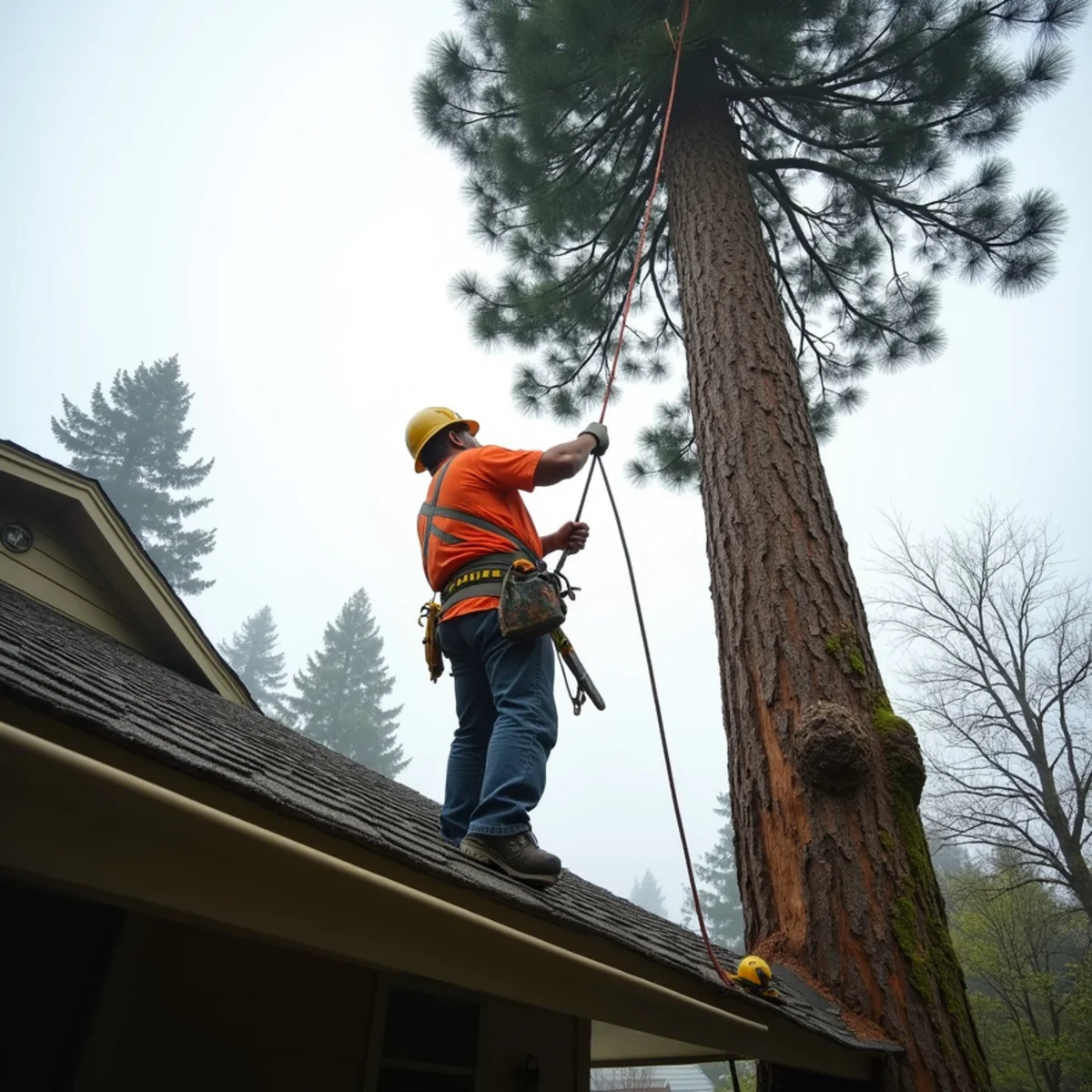 Climber rigging down a leaning Douglas fir beside a home in Cowlitz County, Washington