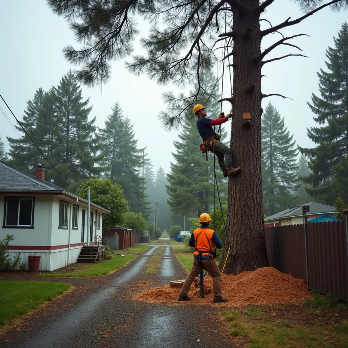 Crew rigging down a second-growth Douglas fir beside a house on a gravel road in rural Cowlitz County near Headquarters, Washington