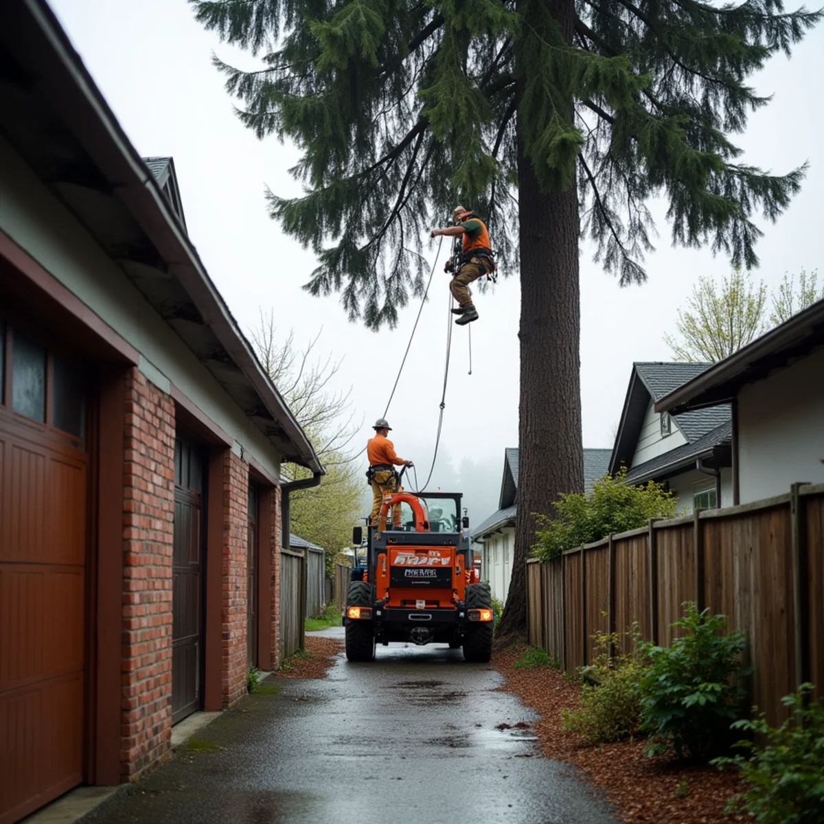 Climber rigging a limb out of a big-leaf maple over an alley behind older homes in the Hidden area of central Vancouver, Washington
