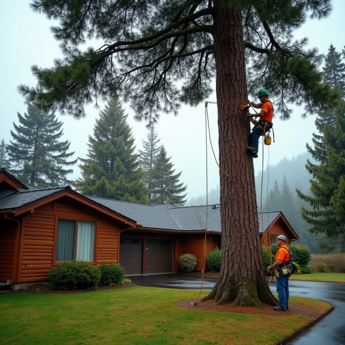 Columbia Tree Professionals climber rigging a large Douglas fir above a Kelso home